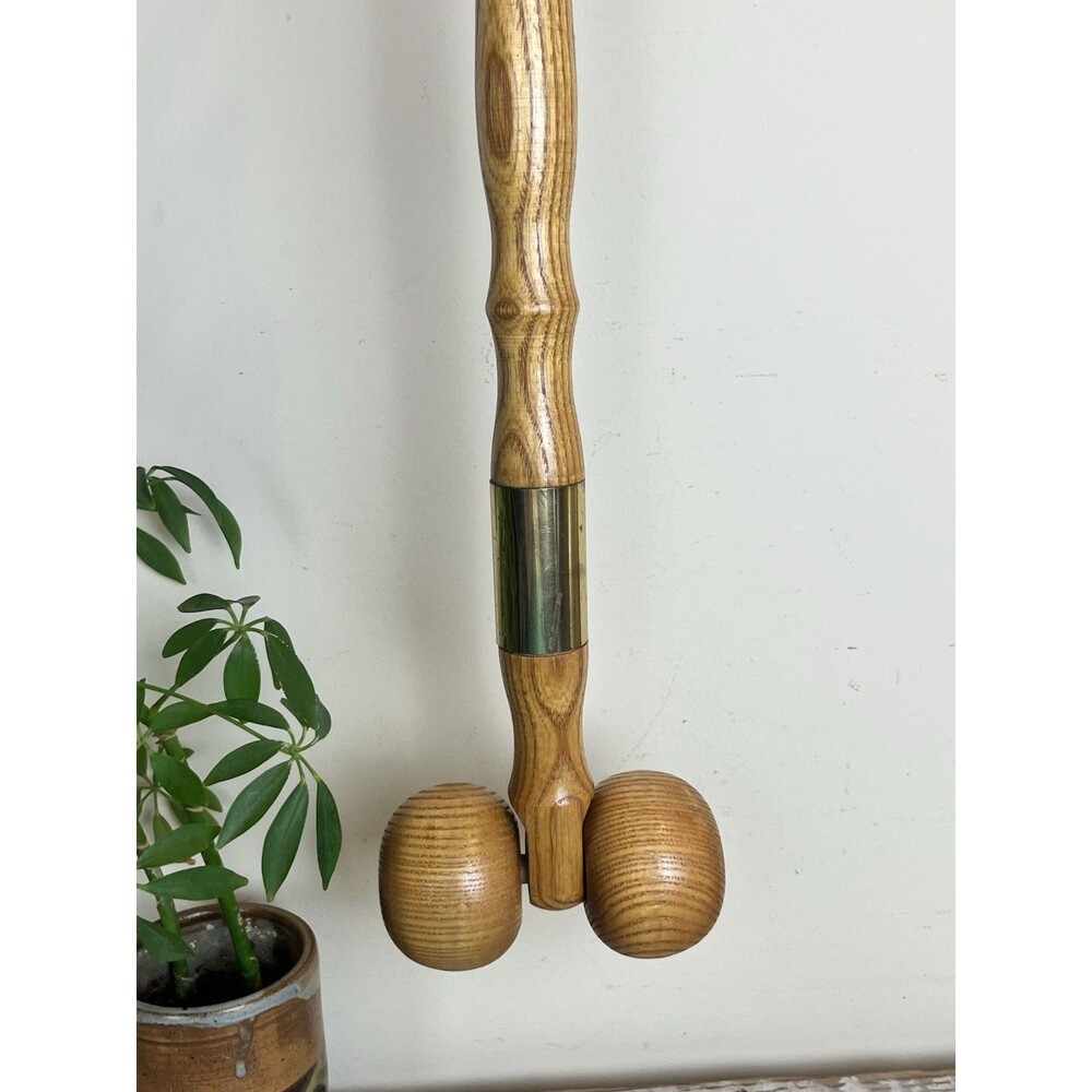 Vintage Wooden Oak Back Massager Roller Rolling Balls W/Handle Brass Accent 15”